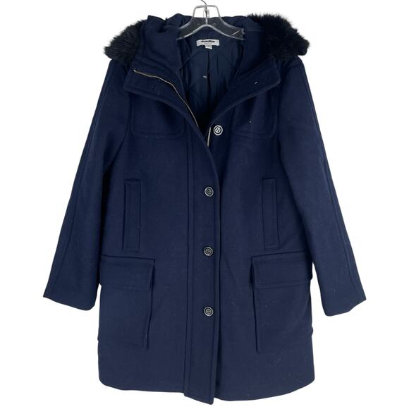 Ann Taylor Weekend Collection Faux Fur Trim Wool Duffle Coat Blue Size M - Picture 5 of 12